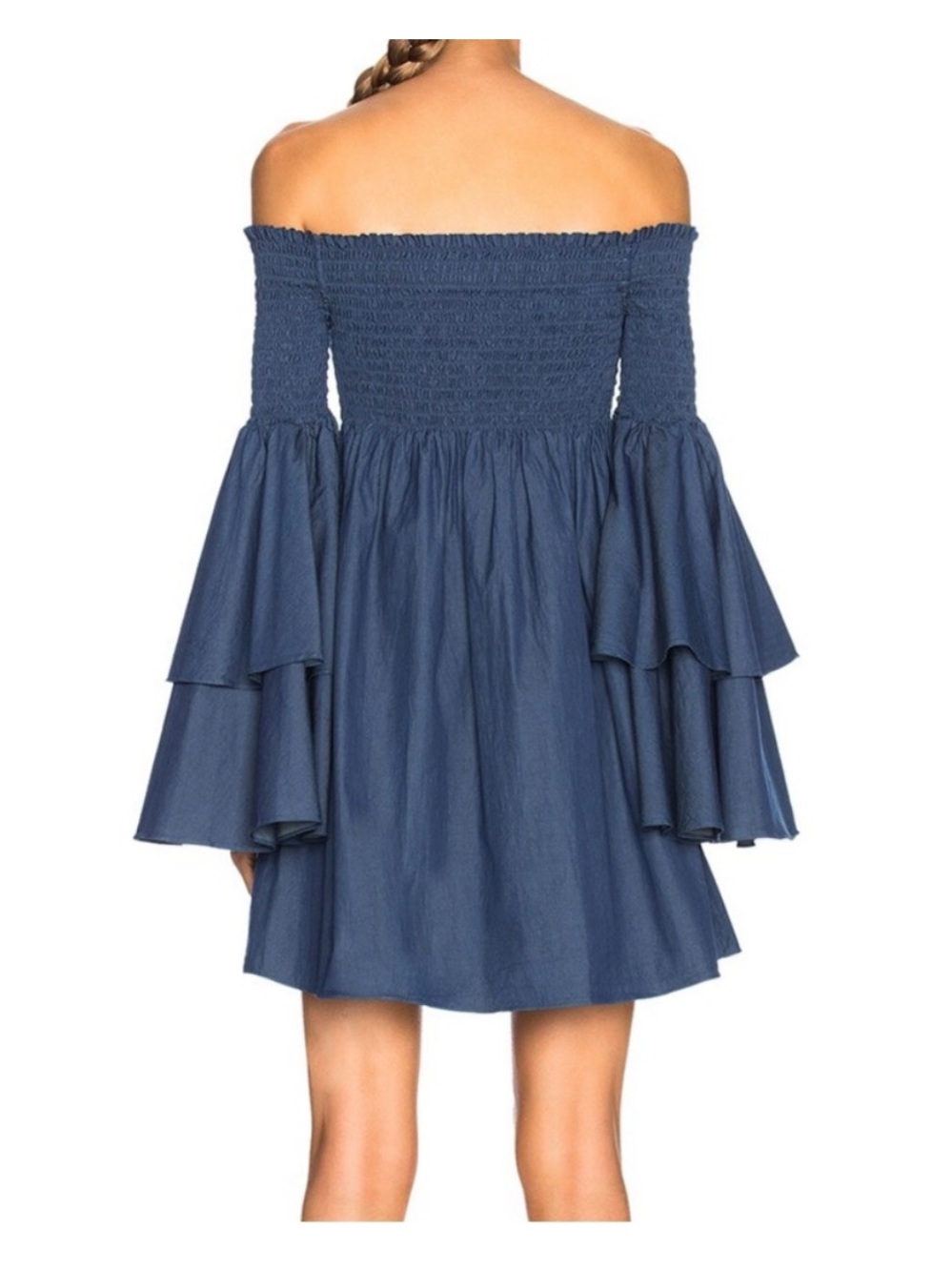 Caroline Constas Off-Shoulder Indigo Blue Tiered Bell-Sleeve Dress